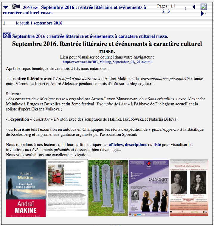 Septembre 2016 : rentrée littéraire et événements à caractère culturel russe.